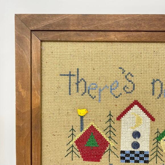 Framed Handmade Cross Stitch Home for the Holidays Tan w/Blue Red Green Yellow‎ - Picture 4 of 9